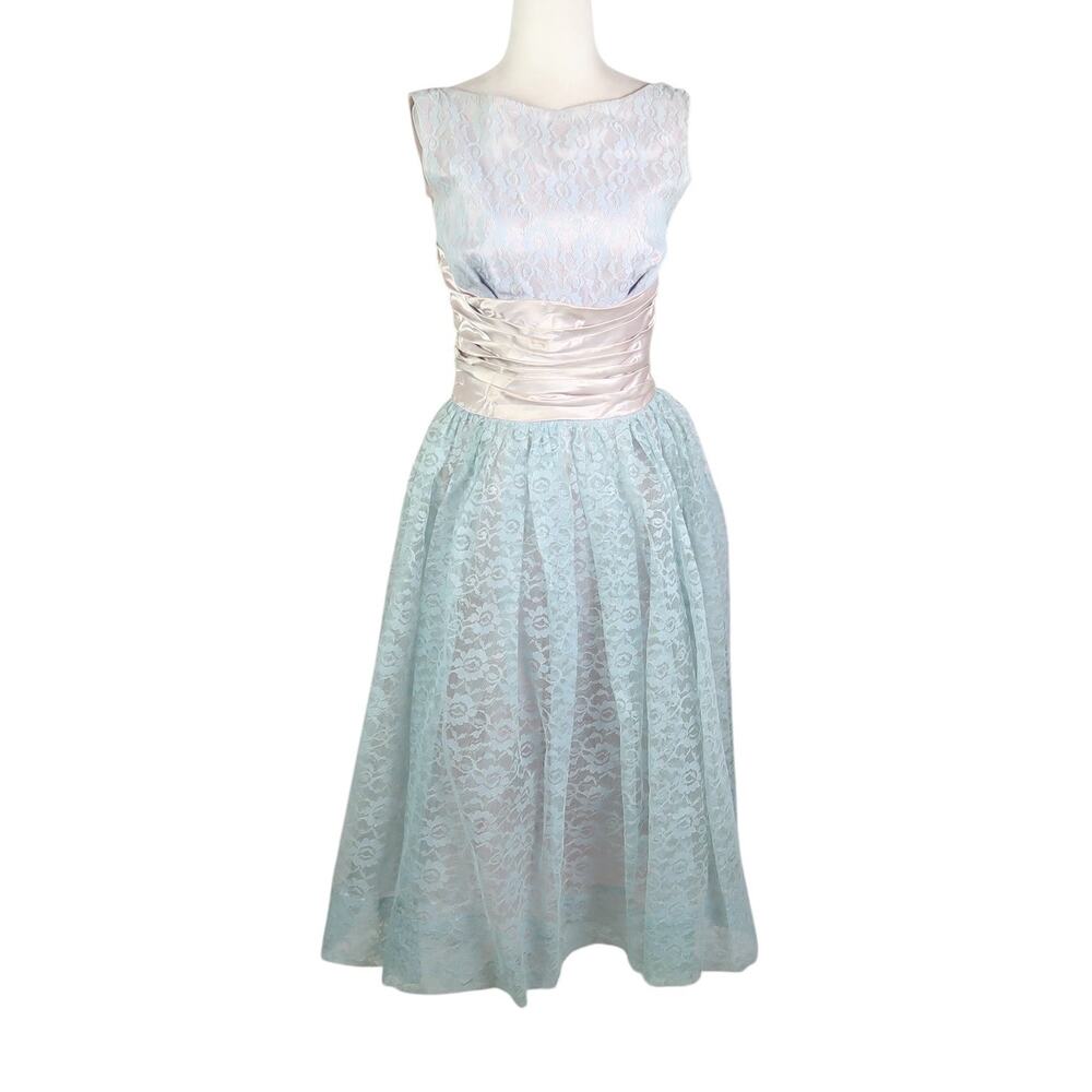 Vintage 60s Powder Blue Lace Full A-Line Midi Prom Dress S